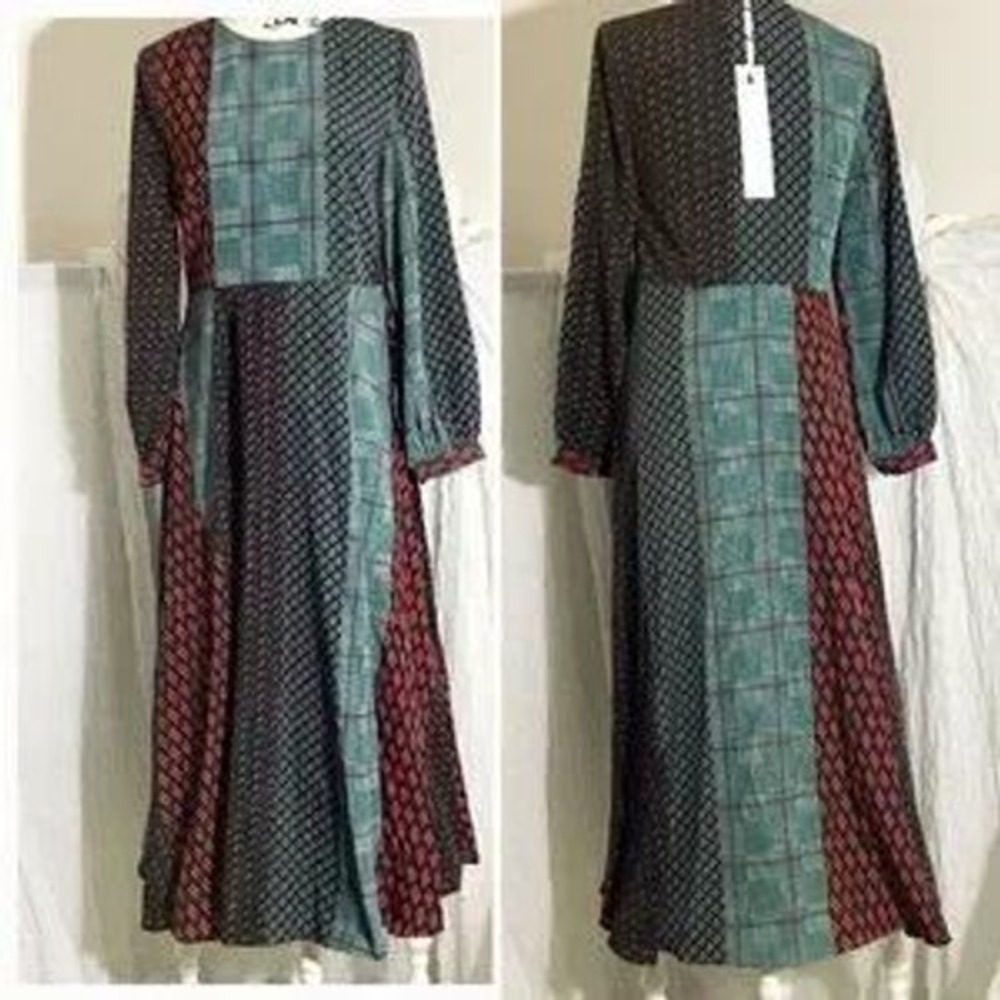 Anonyme Designers Patchwork Print Maxi Dress Long Sleeve Boho Teal Black Modest